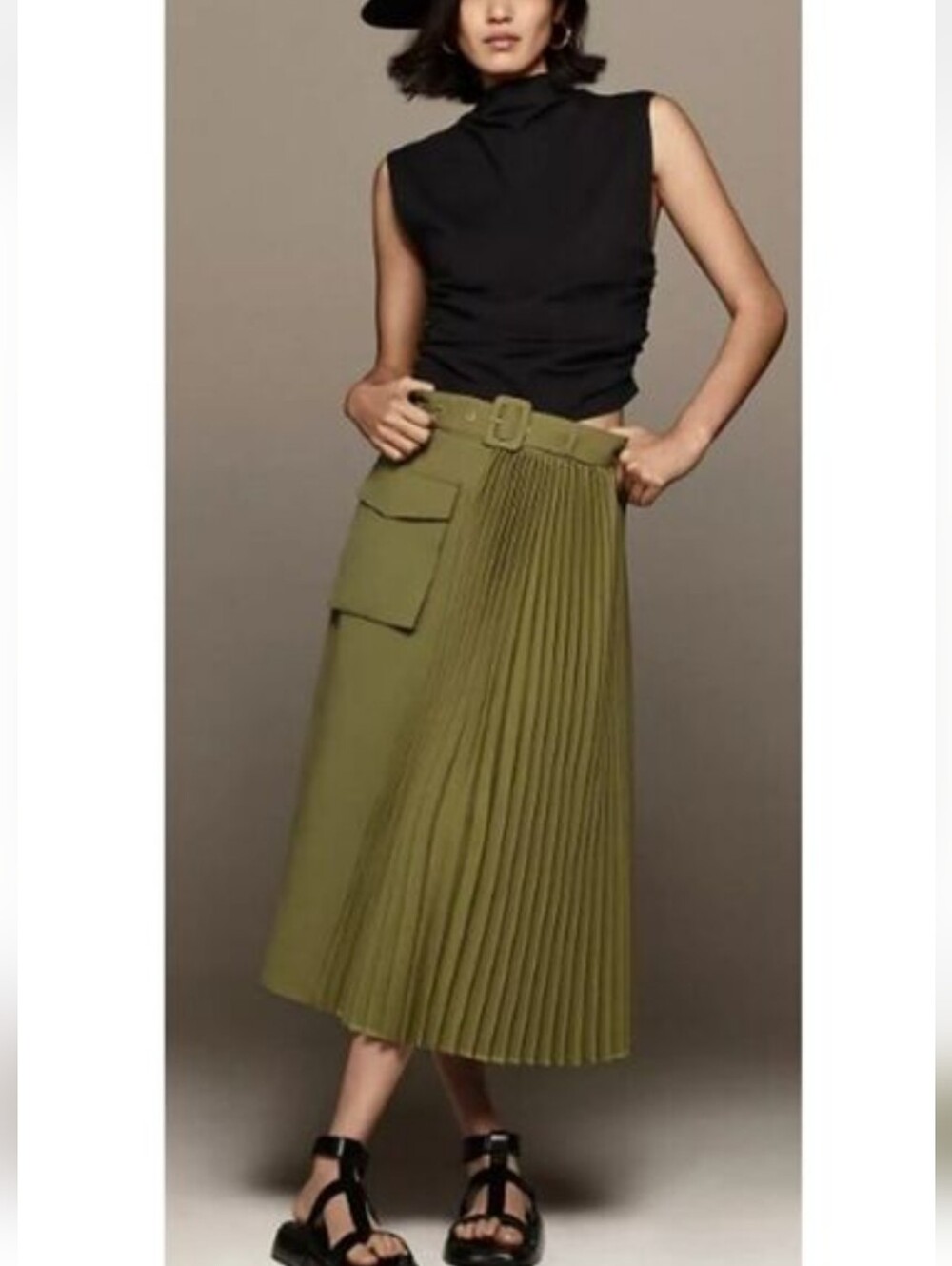 Mare Mare Anthropologie Olive Green Pleated Skirt Size Large